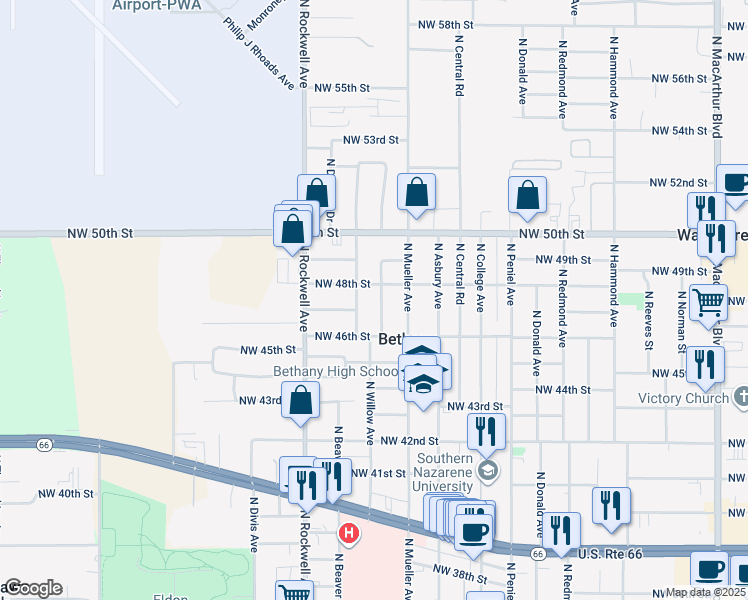 map of restaurants, bars, coffee shops, grocery stores, and more near 4807 North Willow Avenue in Bethany