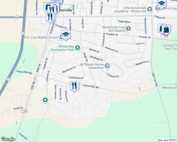 map of restaurants, bars, coffee shops, grocery stores, and more near 2770 Ange Street in Winterville