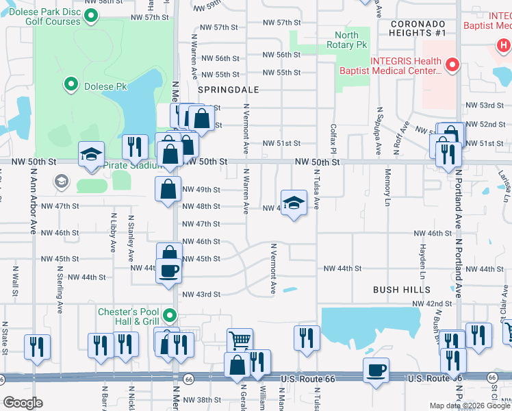 map of restaurants, bars, coffee shops, grocery stores, and more near 4233 Northwest 48th Street in Oklahoma City