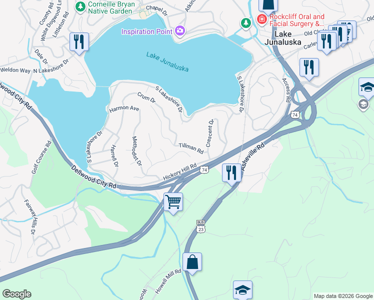 map of restaurants, bars, coffee shops, grocery stores, and more near 10 Crum Drive in Lake Junaluska