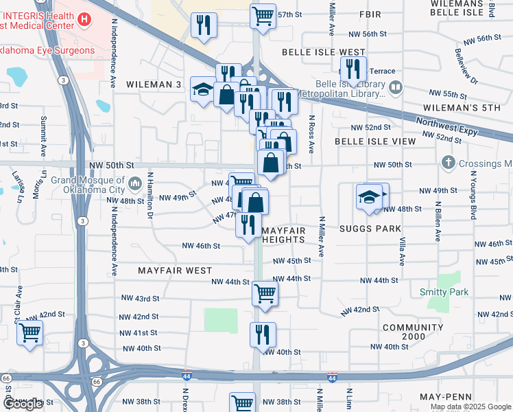 map of restaurants, bars, coffee shops, grocery stores, and more near 4813 North May Avenue in Oklahoma City