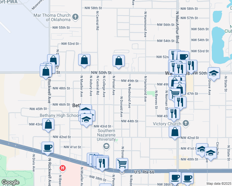map of restaurants, bars, coffee shops, grocery stores, and more near 4806 North Peniel Avenue in Bethany