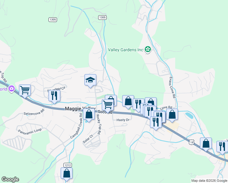map of restaurants, bars, coffee shops, grocery stores, and more near in Maggie Valley