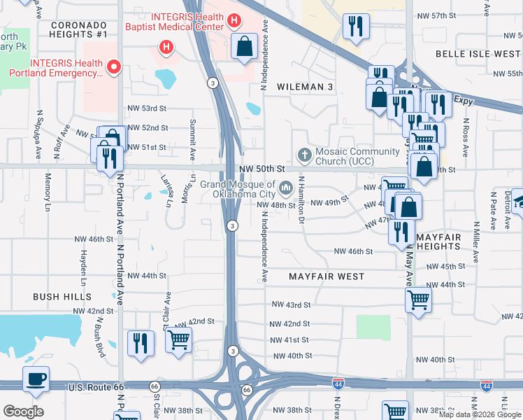 map of restaurants, bars, coffee shops, grocery stores, and more near 4817 North Independence Avenue in Oklahoma City