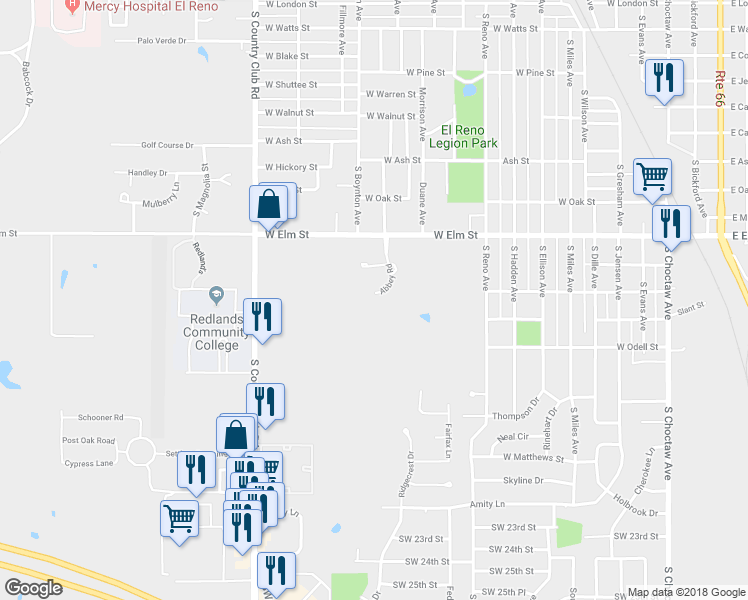 map of restaurants, bars, coffee shops, grocery stores, and more near 1507 Abbey Road in El Reno