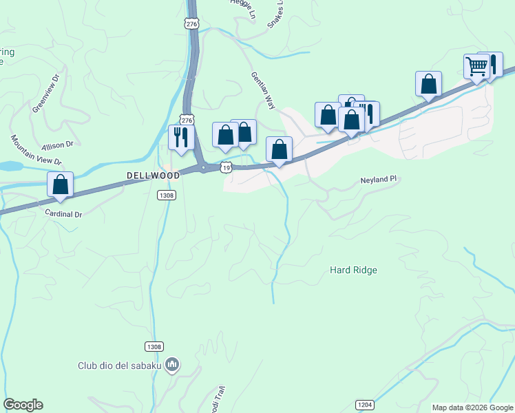 map of restaurants, bars, coffee shops, grocery stores, and more near 614 Spirit Mountain Trail in Waynesville