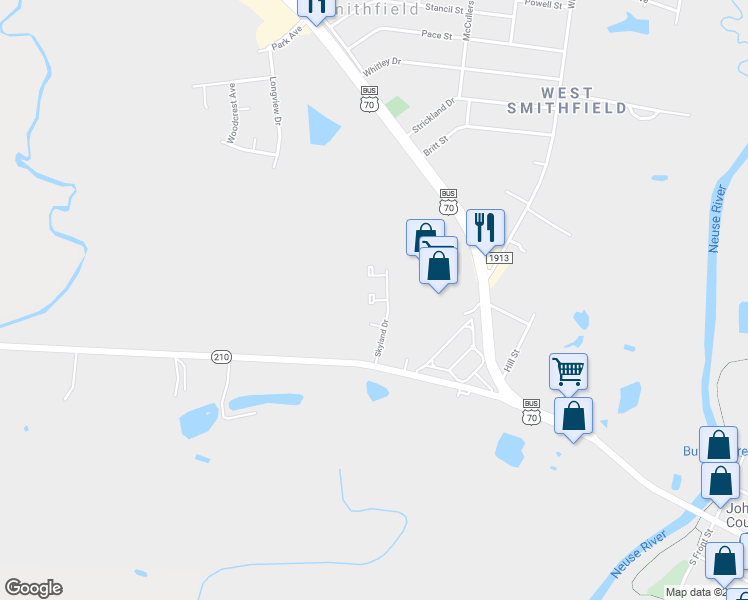 map of restaurants, bars, coffee shops, grocery stores, and more near 198 Pineview Circle in Smithfield