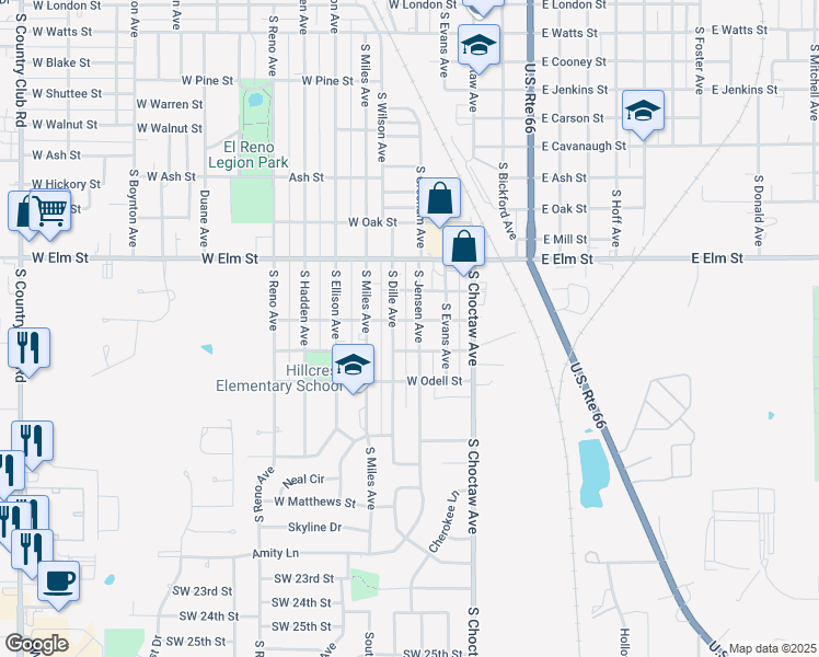 map of restaurants, bars, coffee shops, grocery stores, and more near 1506 South Jensen Avenue in El Reno