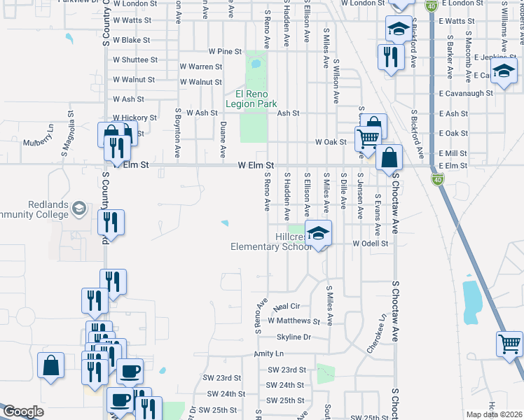 map of restaurants, bars, coffee shops, grocery stores, and more near 1100 South Reno Avenue in El Reno