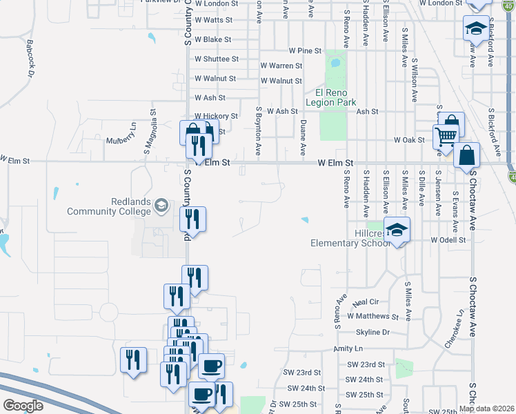map of restaurants, bars, coffee shops, grocery stores, and more near 1507 Abbey Road in El Reno