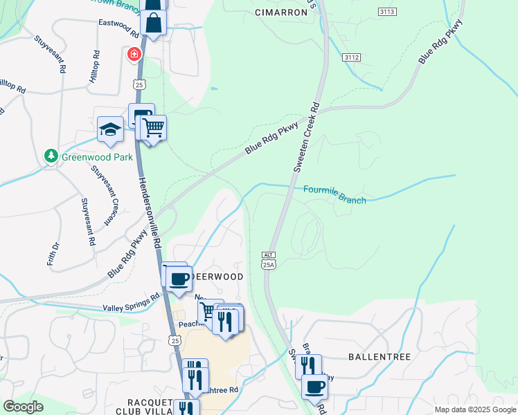 map of restaurants, bars, coffee shops, grocery stores, and more near 2351 Sweeten Creek Road in Asheville