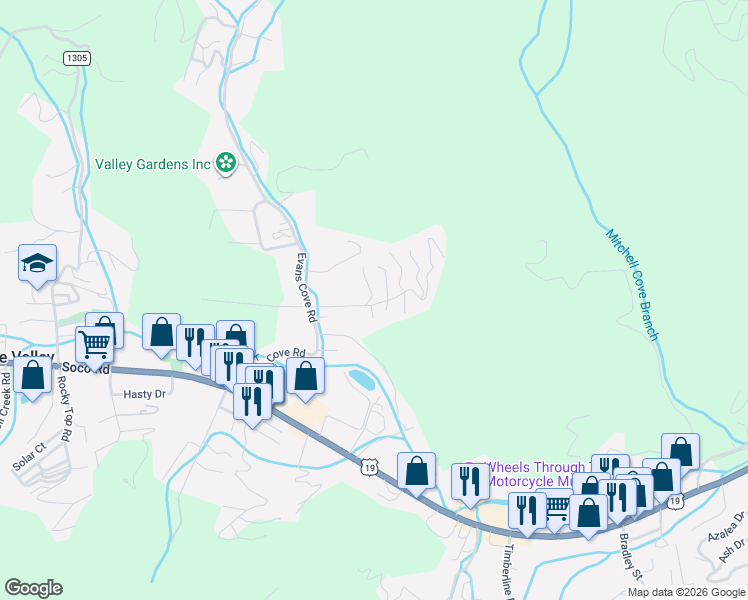 map of restaurants, bars, coffee shops, grocery stores, and more near 169 Highview Drive in Maggie Valley