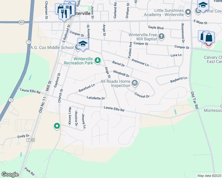 map of restaurants, bars, coffee shops, grocery stores, and more near 2770 Ange Street in Winterville