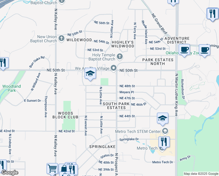 map of restaurants, bars, coffee shops, grocery stores, and more near 1400 Northeast 48th Street in Oklahoma City