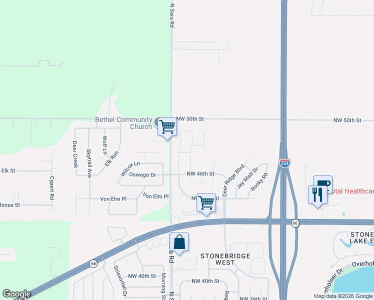 map of restaurants, bars, coffee shops, grocery stores, and more near 4801 Stag Horn Drive in Yukon