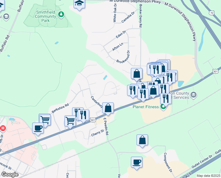 map of restaurants, bars, coffee shops, grocery stores, and more near 66 North Sussex Drive in Smithfield