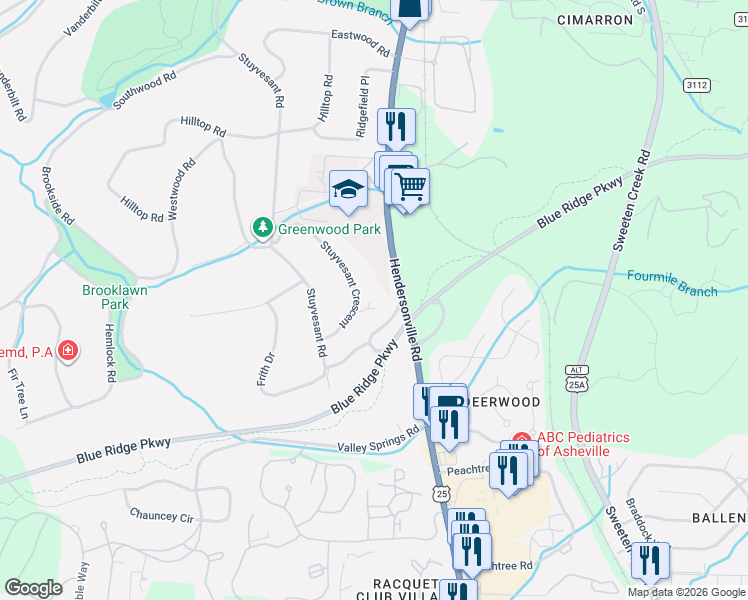 map of restaurants, bars, coffee shops, grocery stores, and more near 12 Stuyvesant Crescent in Biltmore Forest