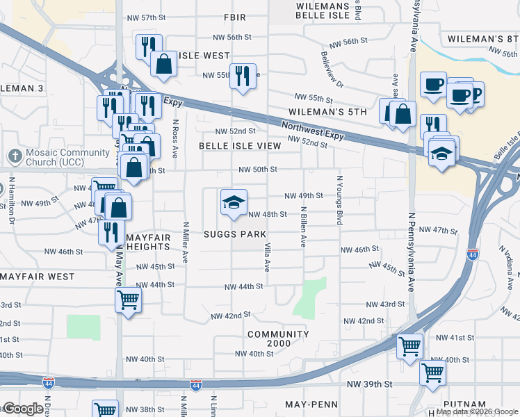 map of restaurants, bars, coffee shops, grocery stores, and more near 2507 Northwest 48th Street in Oklahoma City