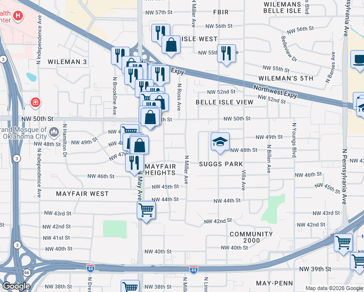 map of restaurants, bars, coffee shops, grocery stores, and more near 4824 North Miller Avenue in Oklahoma City