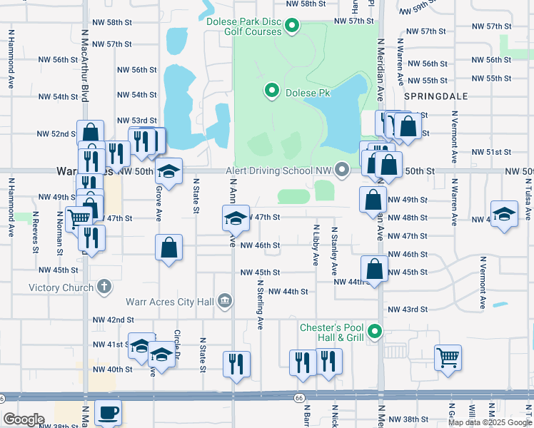 map of restaurants, bars, coffee shops, grocery stores, and more near 5245 Northwest 47th Street in Warr Acres
