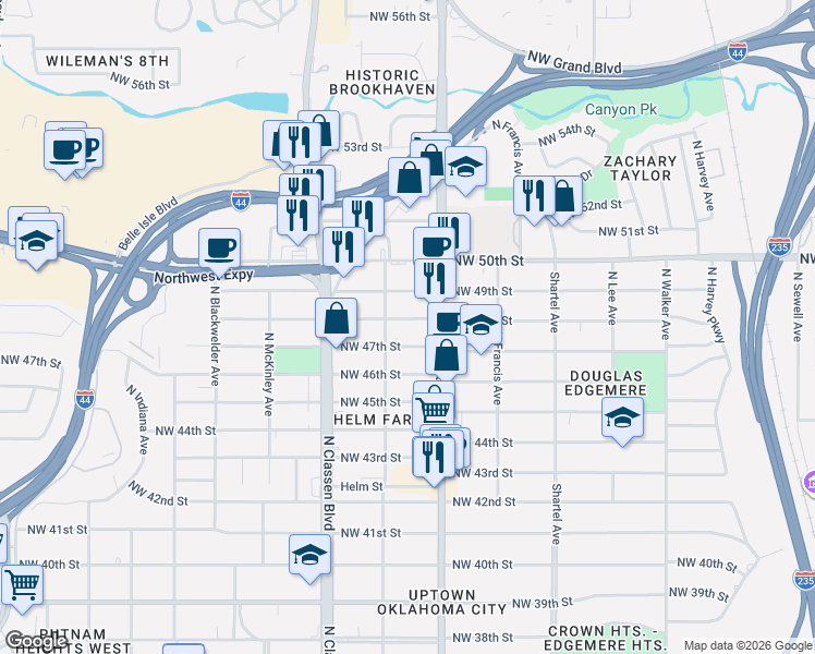 map of restaurants, bars, coffee shops, grocery stores, and more near 1135 Northwest 47th Street in Oklahoma City