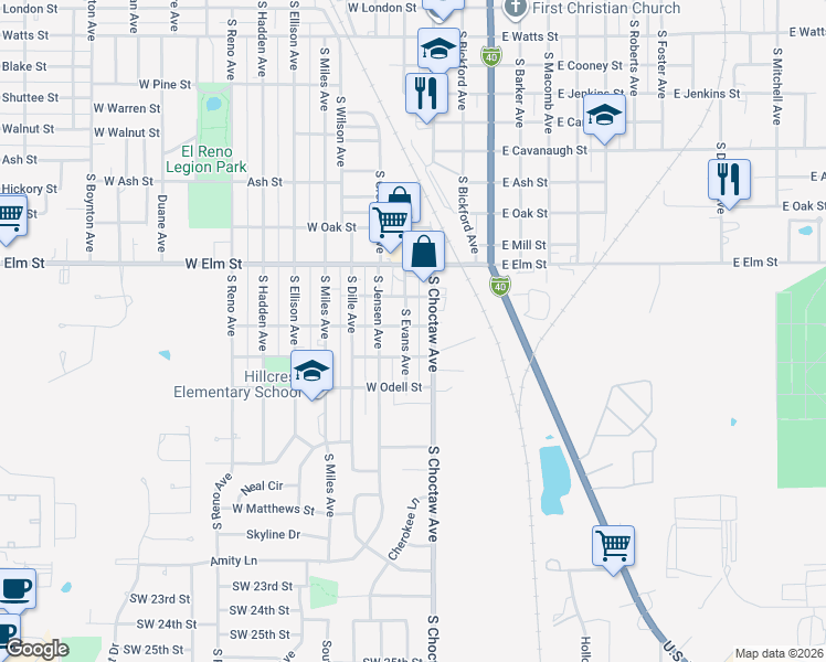 map of restaurants, bars, coffee shops, grocery stores, and more near 1507 South Evans Avenue in El Reno