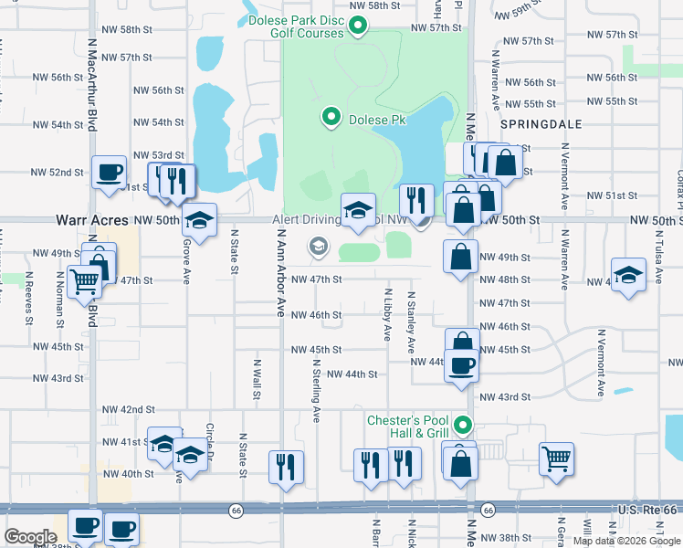 map of restaurants, bars, coffee shops, grocery stores, and more near 5212 Northwest 47th Street in Warr Acres