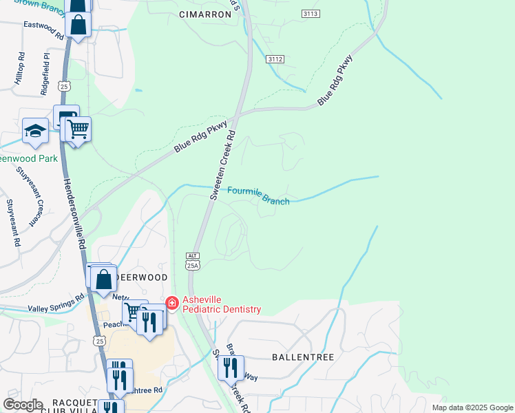 map of restaurants, bars, coffee shops, grocery stores, and more near 710 Rushing Creek Drive in Asheville