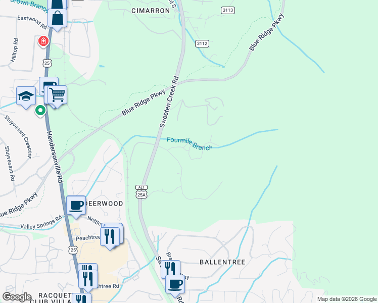 map of restaurants, bars, coffee shops, grocery stores, and more near 2351 Sweeten Creek Road in Asheville