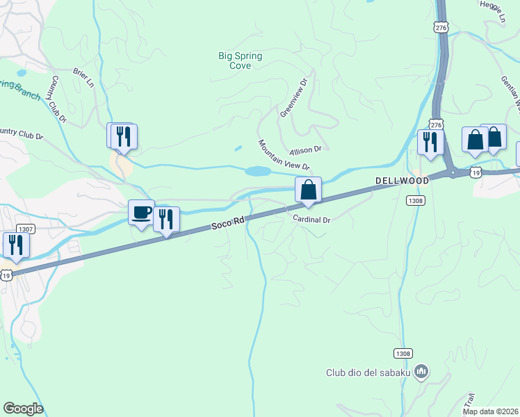 map of restaurants, bars, coffee shops, grocery stores, and more near 51 Ferguson Lane in Maggie Valley