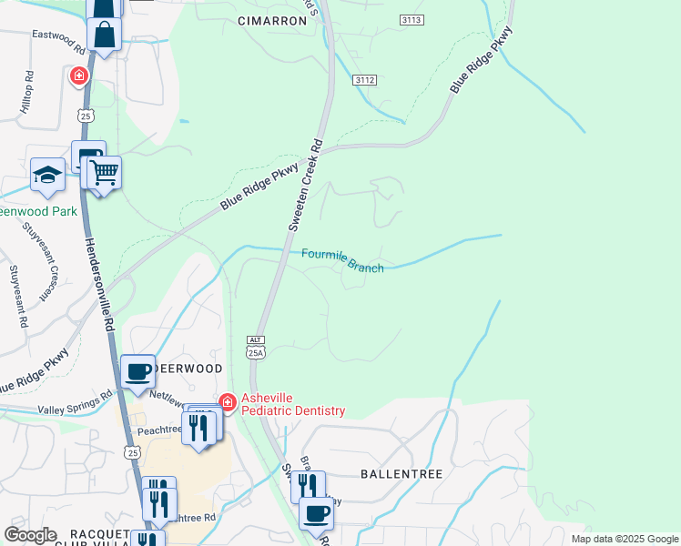 map of restaurants, bars, coffee shops, grocery stores, and more near 2351 Sweeten Creek Road in Asheville