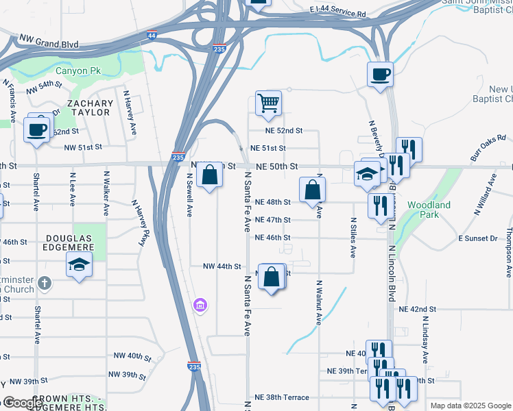 map of restaurants, bars, coffee shops, grocery stores, and more near 4800 North Santa Fe Avenue in Oklahoma City