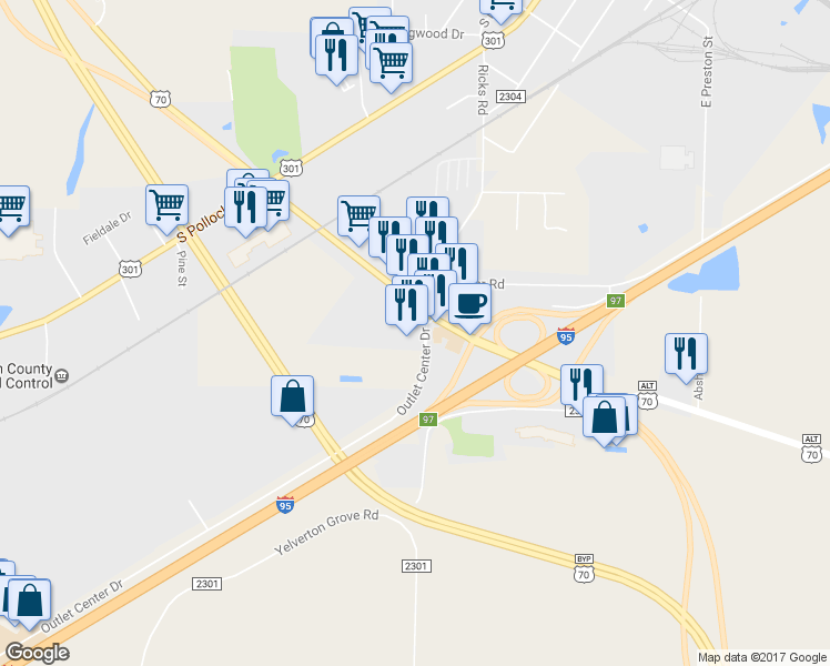 map of restaurants, bars, coffee shops, grocery stores, and more near 1815 Industrial Park Dr in Selma
