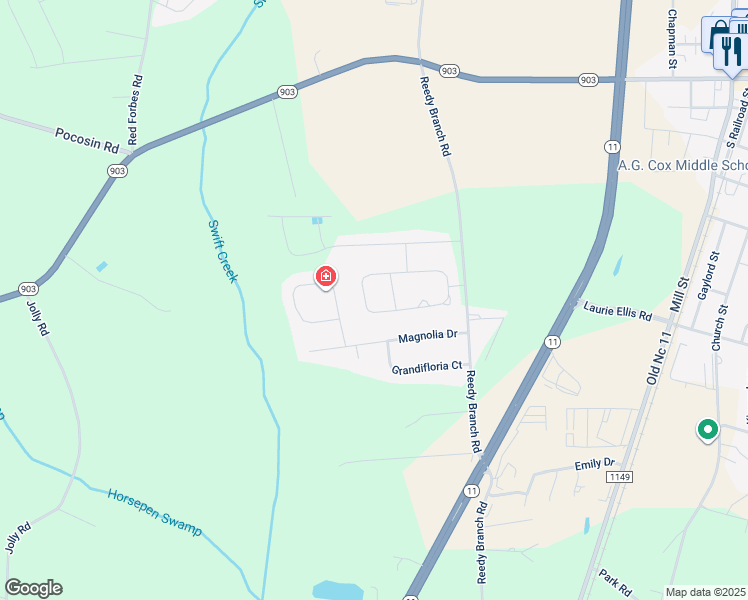 map of restaurants, bars, coffee shops, grocery stores, and more near 304 Crimson Drive in Winterville
