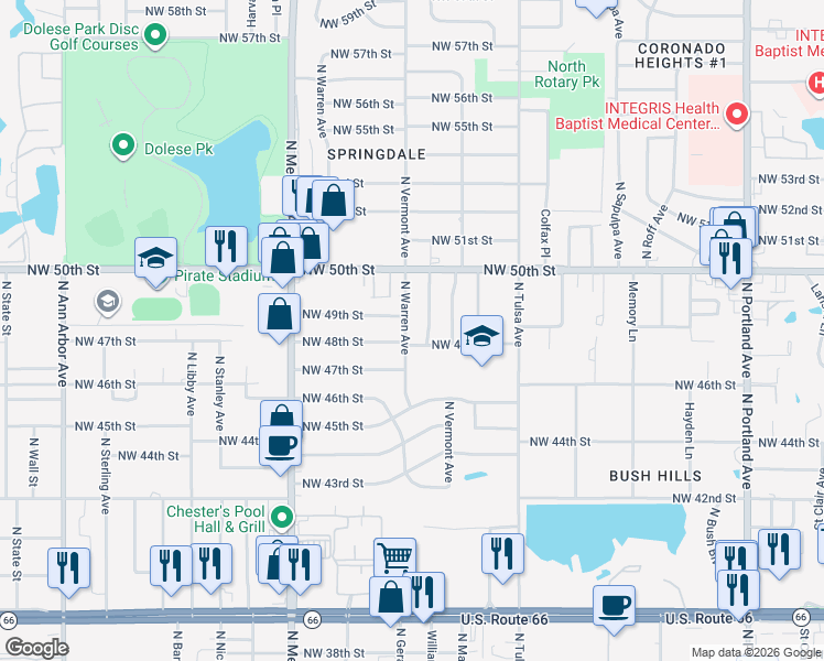 map of restaurants, bars, coffee shops, grocery stores, and more near 4233 Northwest 48th Street in Oklahoma City