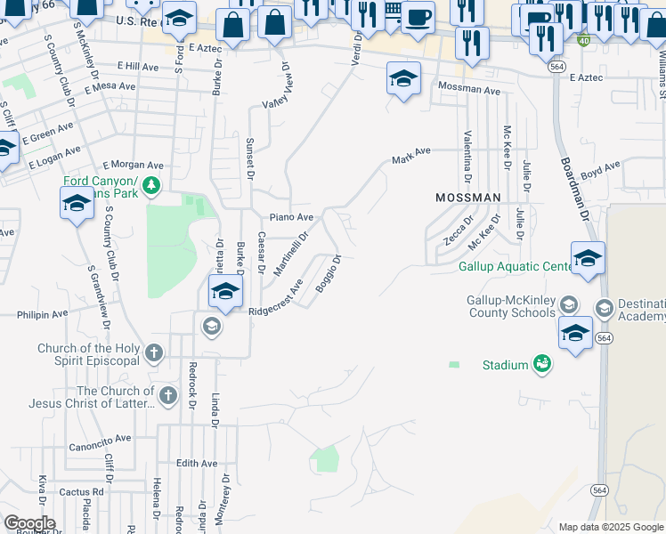 map of restaurants, bars, coffee shops, grocery stores, and more near 1124 Boggio Drive in Gallup