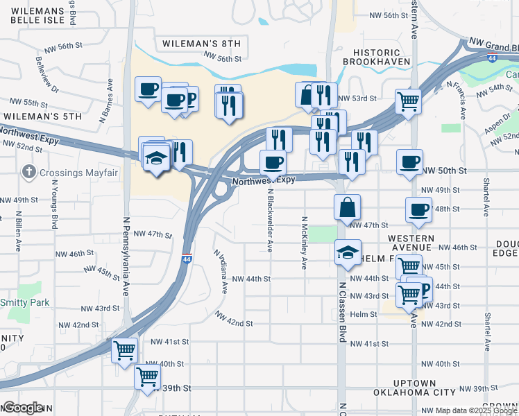 map of restaurants, bars, coffee shops, grocery stores, and more near 4805 North Blackwelder Avenue in Oklahoma City