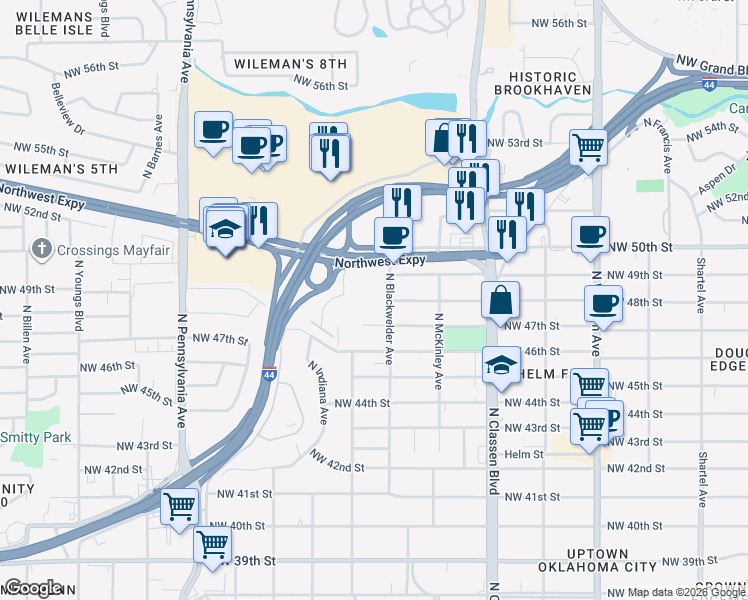 map of restaurants, bars, coffee shops, grocery stores, and more near 4805 North Blackwelder Avenue in Oklahoma City