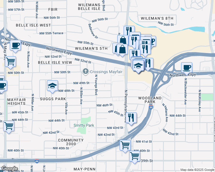 map of restaurants, bars, coffee shops, grocery stores, and more near 2219 Northwest 48th Street in Oklahoma City