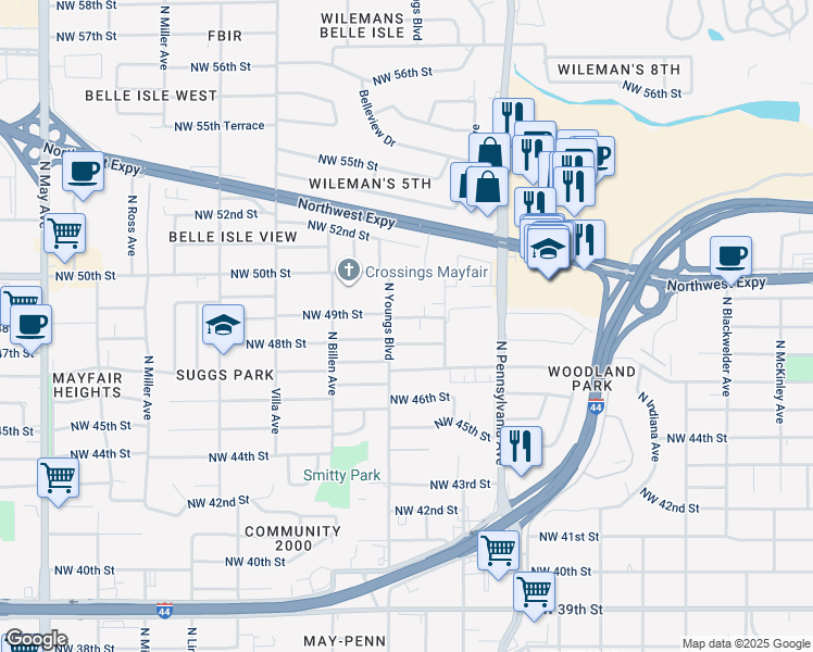 map of restaurants, bars, coffee shops, grocery stores, and more near 2219 Northwest 48th Street in Oklahoma City
