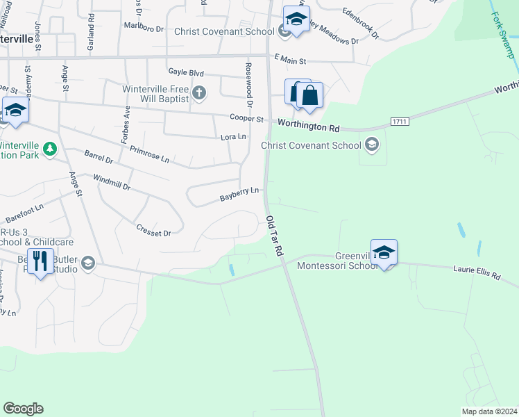 map of restaurants, bars, coffee shops, grocery stores, and more near 613 Brookfield Drive in Winterville