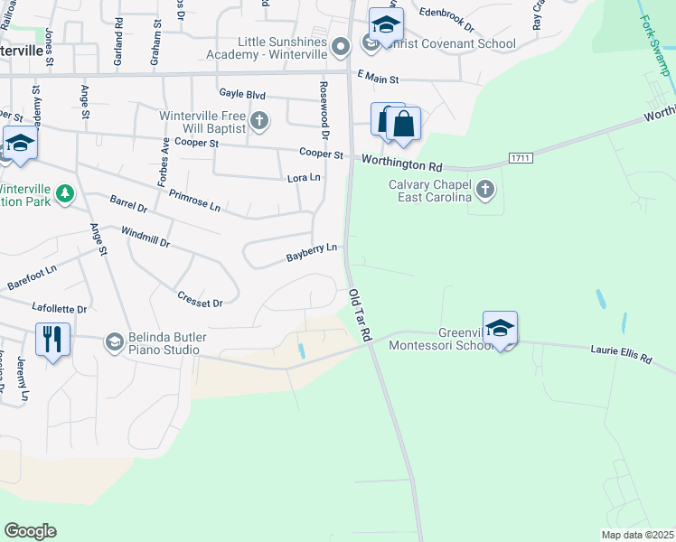 map of restaurants, bars, coffee shops, grocery stores, and more near 613 Brookfield Drive in Winterville