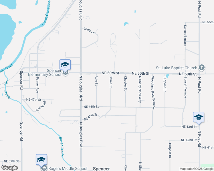 map of restaurants, bars, coffee shops, grocery stores, and more near 4817 Baker Street in Spencer