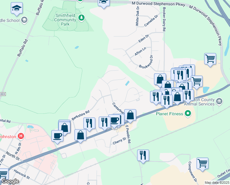 map of restaurants, bars, coffee shops, grocery stores, and more near 303 Canterbury Road in Smithfield