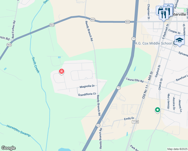 map of restaurants, bars, coffee shops, grocery stores, and more near 207 Crimson Drive in Winterville