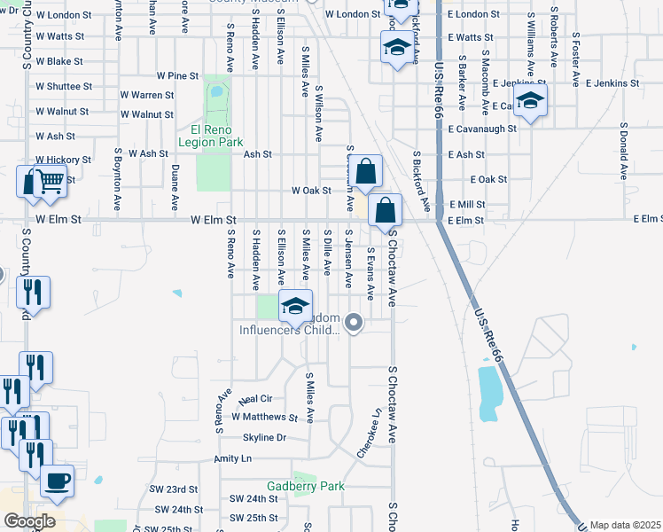 map of restaurants, bars, coffee shops, grocery stores, and more near 1506 South Jensen Avenue in El Reno