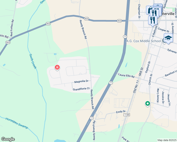 map of restaurants, bars, coffee shops, grocery stores, and more near 207 Crimson Drive in Winterville