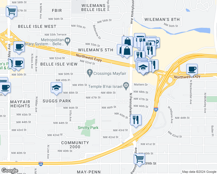 map of restaurants, bars, coffee shops, grocery stores, and more near 2220 Northwest 49th Street in Oklahoma City