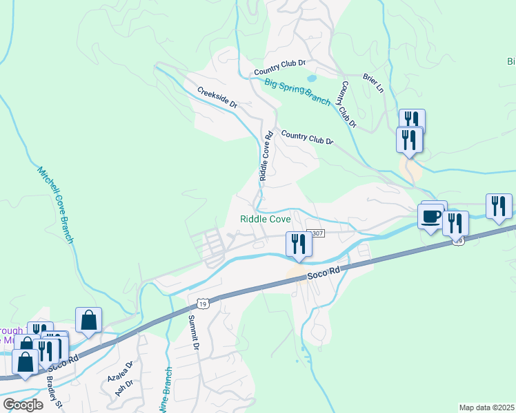 map of restaurants, bars, coffee shops, grocery stores, and more near 29 Riddle Cove Road in Maggie Valley