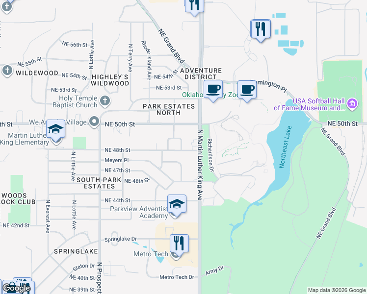 map of restaurants, bars, coffee shops, grocery stores, and more near 4805 North Martin Luther King Avenue in Oklahoma City